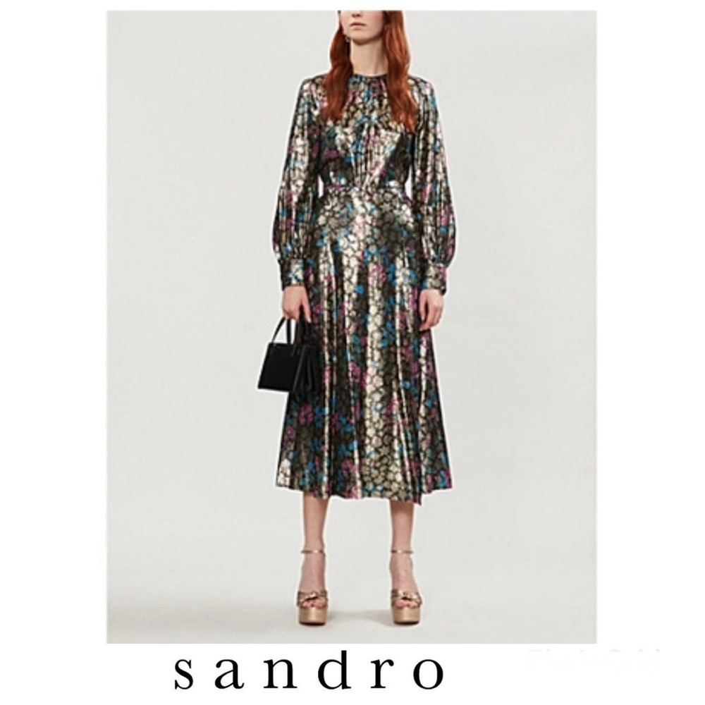 SANDRO Paris Metallic Multicolor Floral Long Sleeves Midi Cocktail Dress Sz 38 M